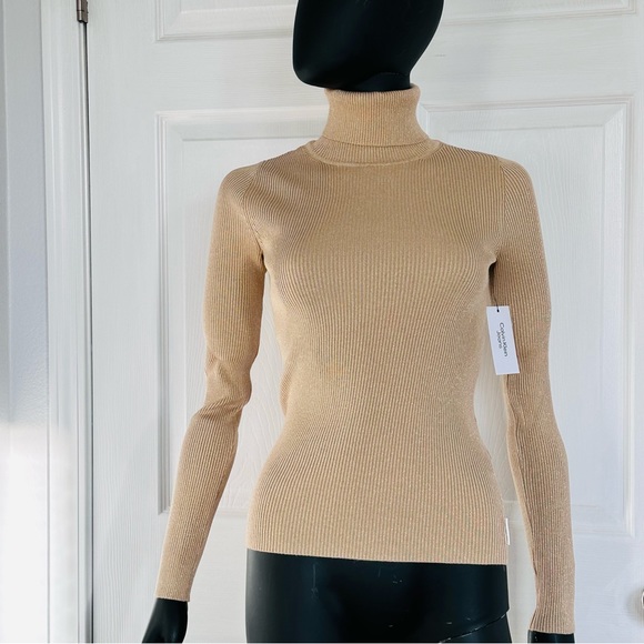 NWT Calvin Klein Rib Knit Tops Metallic Sweater turtleneck  XS Gold - Picture 3 of 10
